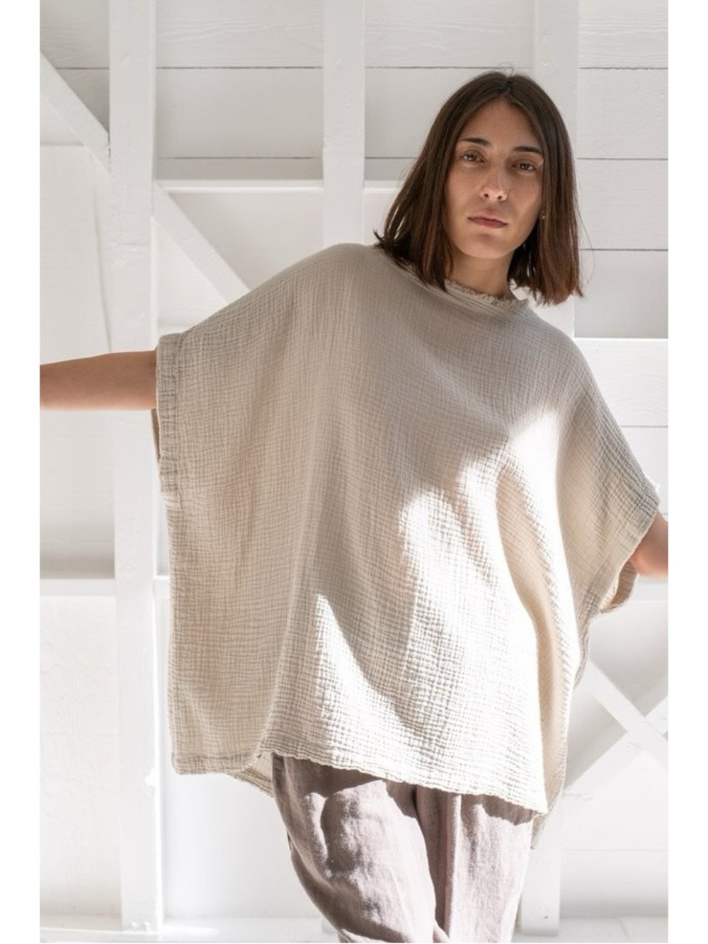 Before You Gauze Boxy Oversized Top Women’s XS Frayed Lagenlook Minimalist Cream